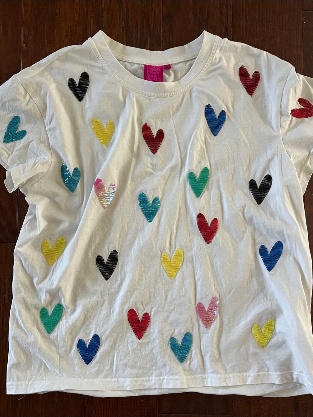 Queen of Sparkles White Heart Sequin Short Sleeve Tee